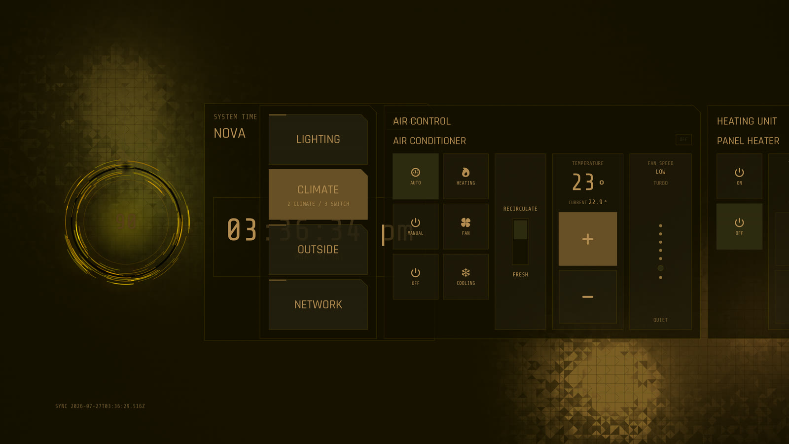 The same Apple TV app in a gold Human Revolution theme, showing the climate screen with air-conditioner modes, a temperature setpoint of 23 degrees and panel-heater controls.