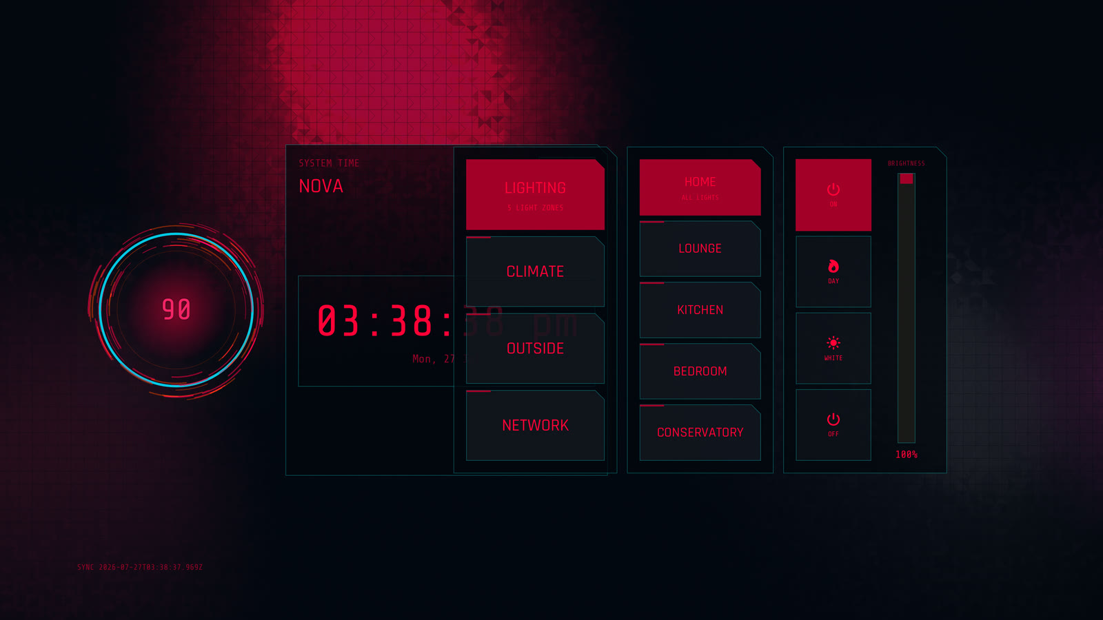 The native Apple TV app in a red-on-black cyberpunk theme, showing the lighting screen with zone buttons for lounge, kitchen, bedroom and conservatory beside a brightness slider.