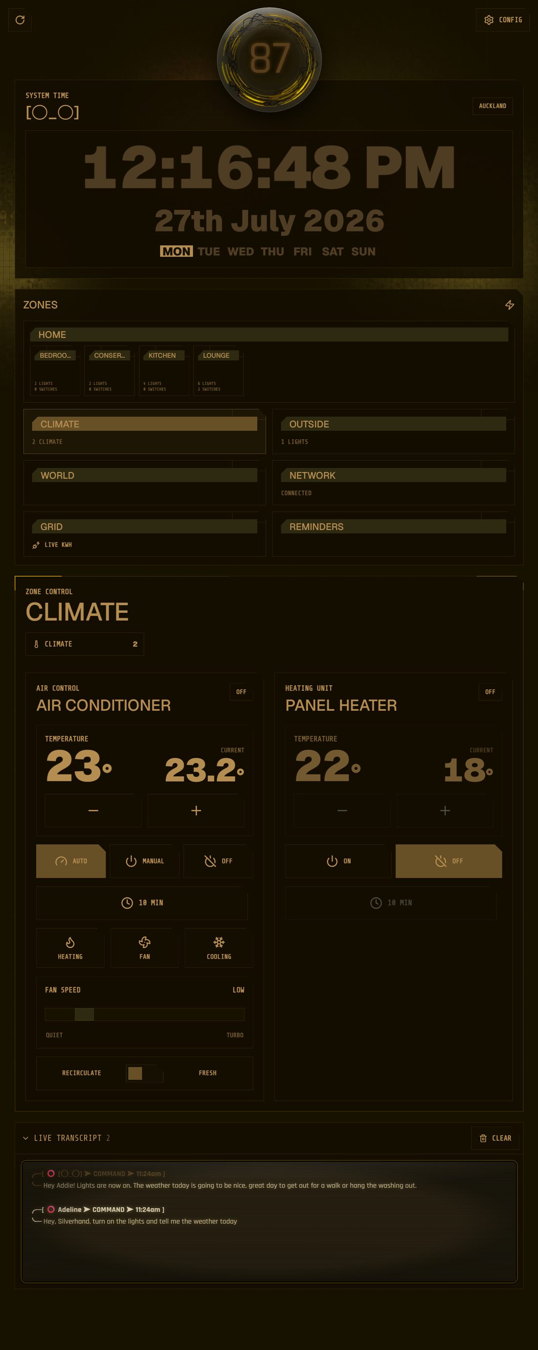 Nova's climate zone: an air conditioner with target and current temperature, auto, manual and off modes, a timer, heating, fan and cooling modes, a fan speed slider and a recirculate or fresh air toggle, beside a panel heater with only on and off.