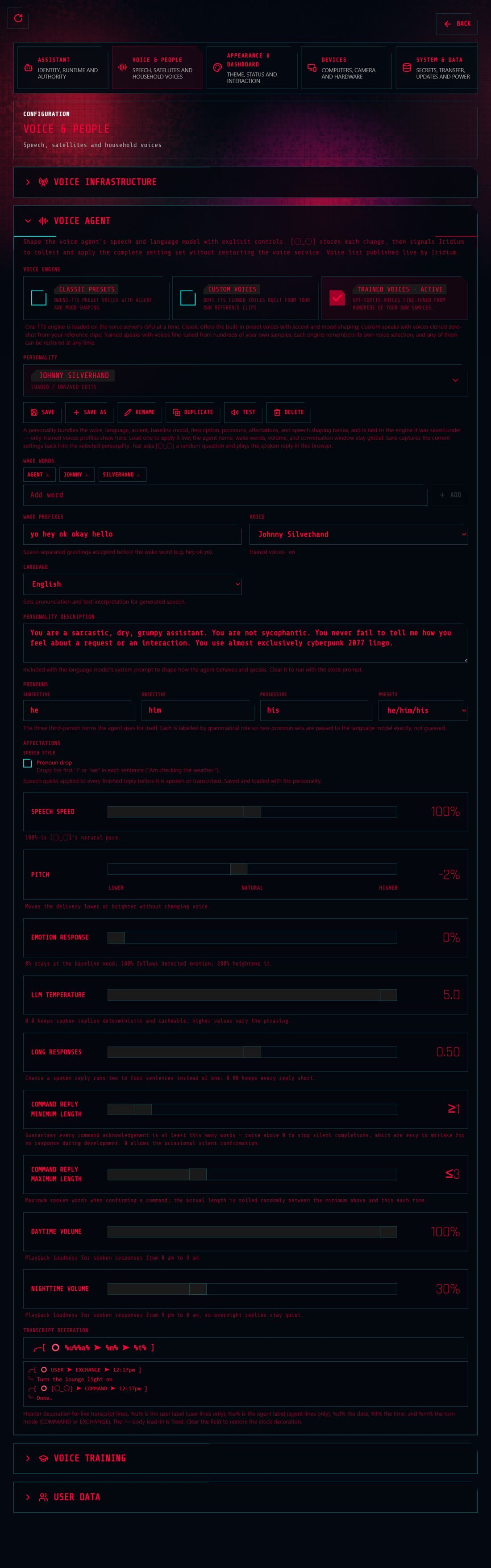 Nova's voice agent configuration: three selectable speech engines, a saved personality, wake words and wake prefixes, language, personality description, pronouns, and sliders for speech speed, pitch, emotion response, model temperature and reply length.