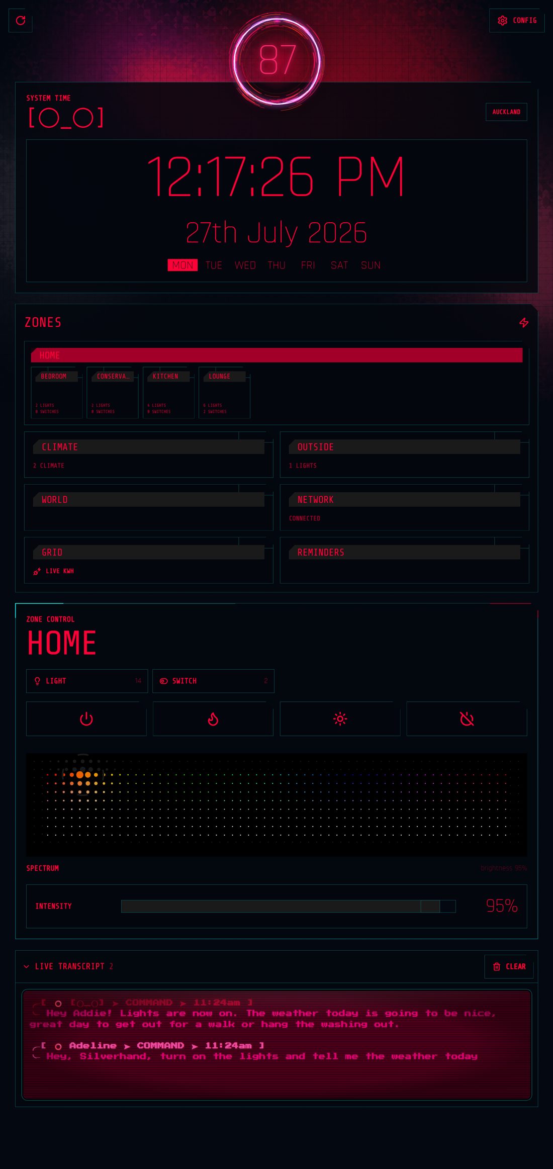 The Nova dashboard: system clock, zone grid across five rooms, and whole-home zone controls.