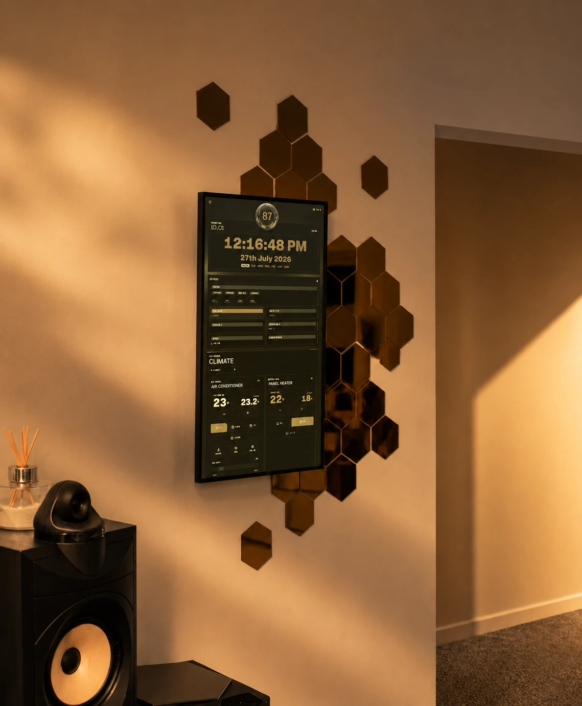 The Nova panel mounted in portrait on a white wall beside copper hexagonal tiles, showing the climate screen in a gold theme.