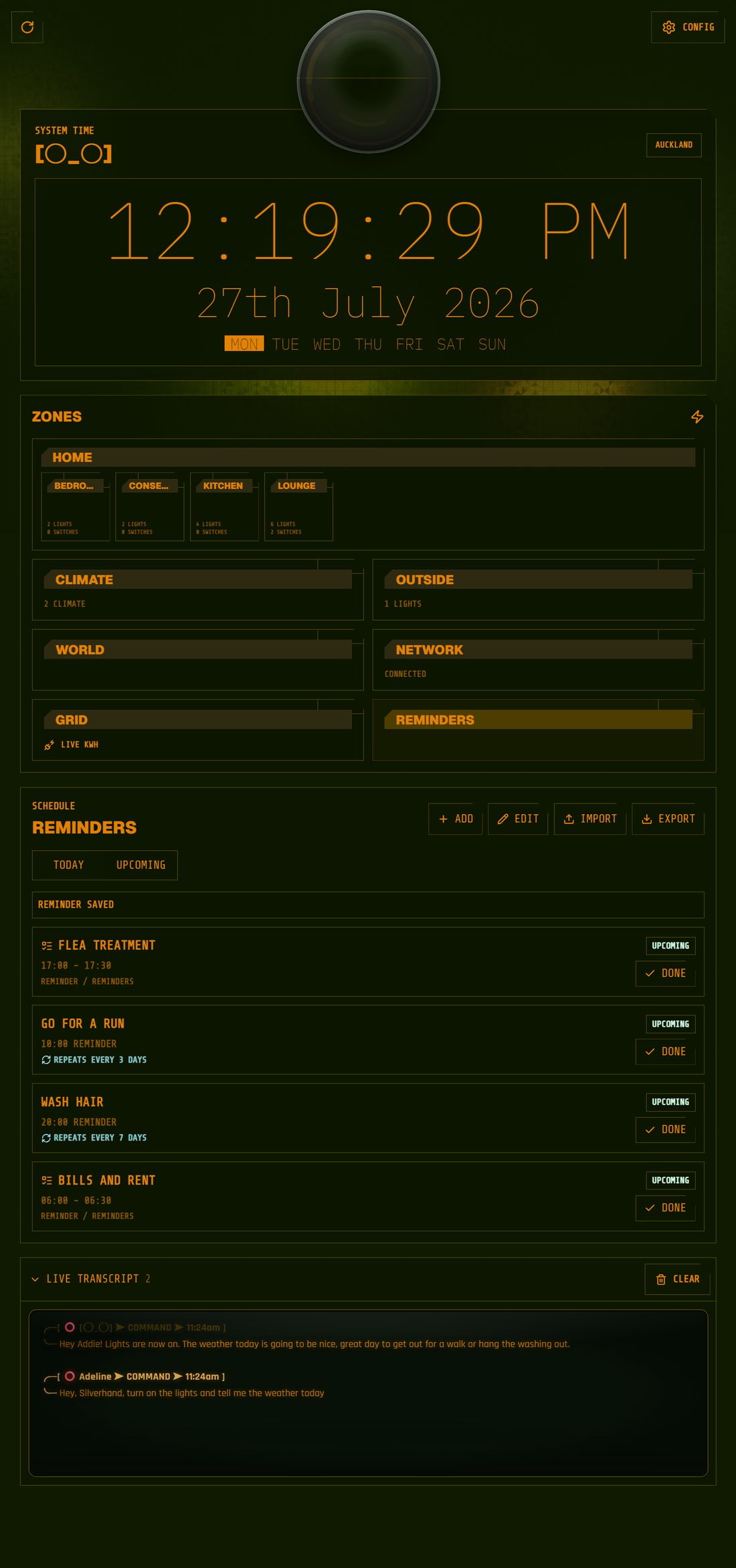 Nova's reminders schedule: today and upcoming views, four reminders with times, repeat intervals and done buttons, and add, edit, import and export controls.